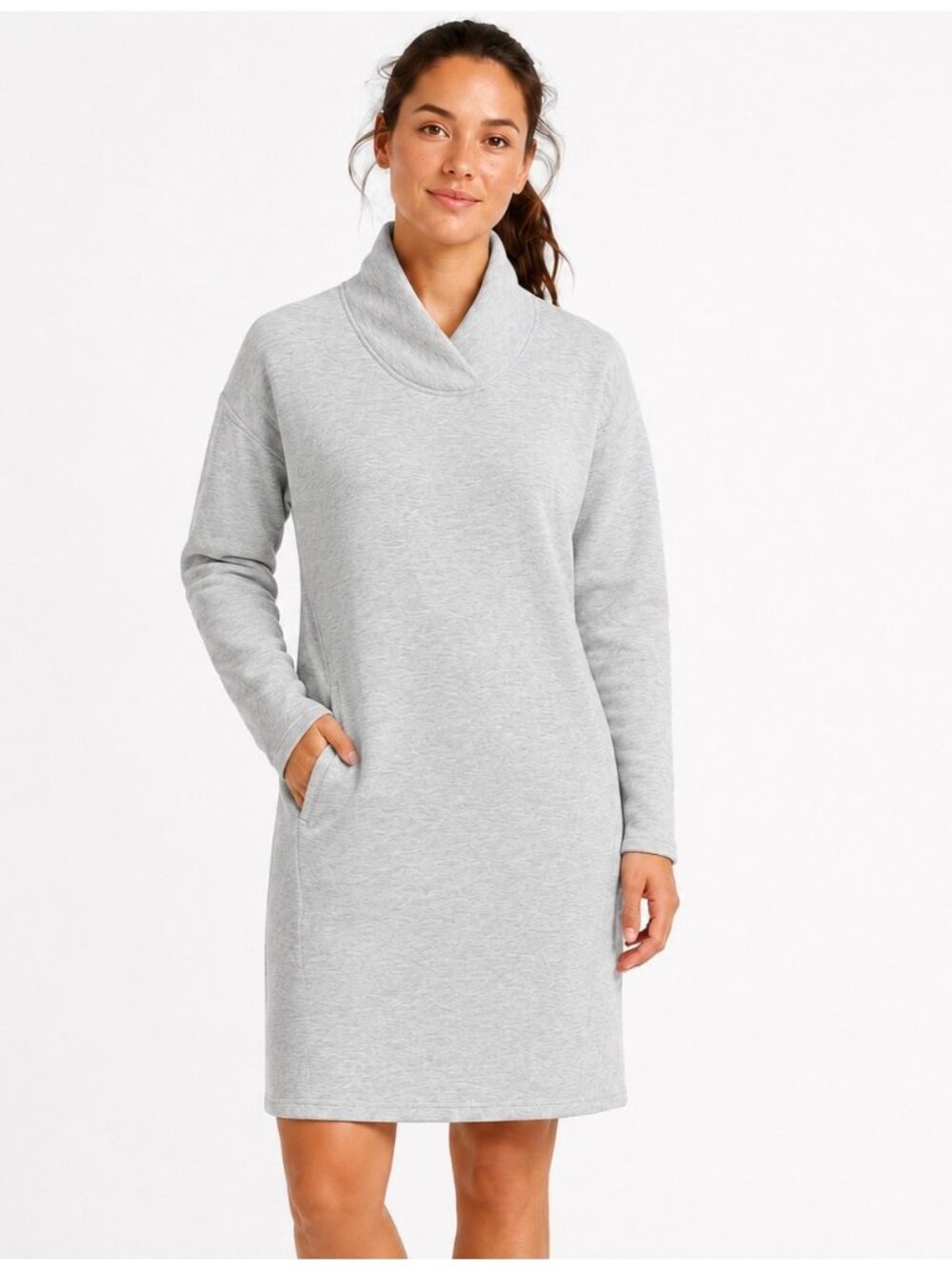 Athleta SoftTech Dress Womens Small Gray Wool Blend Shawl Collar Long Sleeve